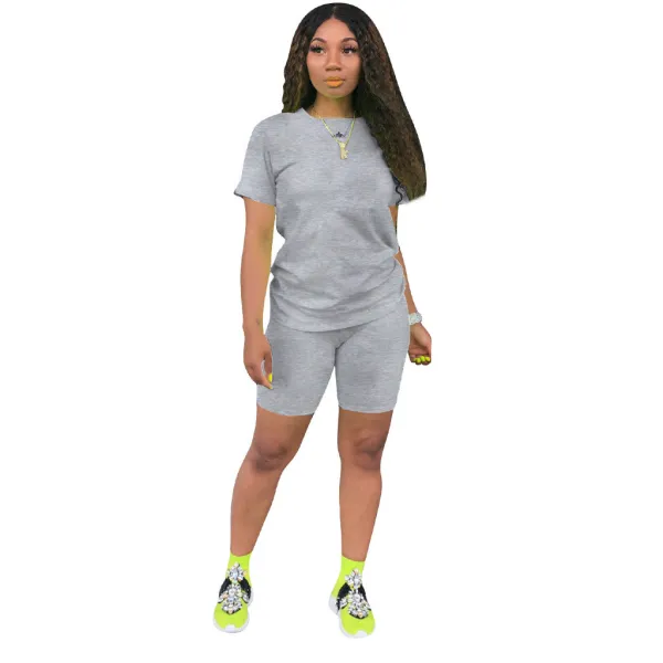 Solid Color Short Sleeve Two Piece Shorts Set