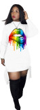Digital Printed Colorful Lips Long Sleeve Club Dress