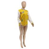 Casual Yellow Printed Baseball Uniform Jacket
