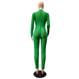 Autumn Sexy Green Mesh See Through Long Sleeve Jumpsuit with Back Zipper