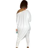 Casual White Printed Letter Skew Neck Asymmetric Hem Two Piece Lounge Wear Sets