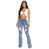 Women Eyelet Rope Elasticity Ripped Denim Trousers