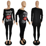 Casual Print Lips Patchwork O Neck Long Sleeve Two Pieces