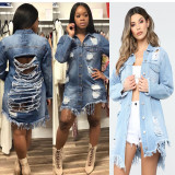 Women's Hole Ripped Mid-length Denim Jacket