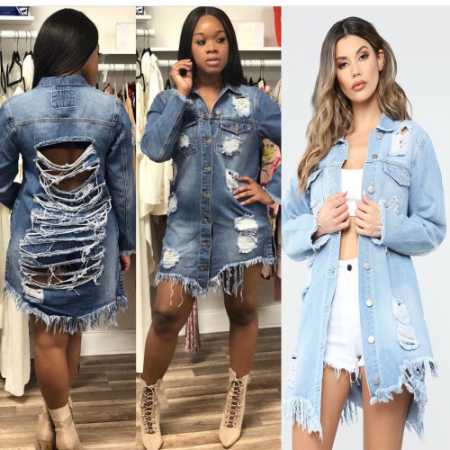 Women's Hole Ripped Mid-length Denim Jacket