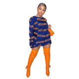 Blue Long Sleeve Soft Print T-shirt Dress