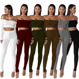 Women Fashion Thread Off Shoulder Crop Top 2 Piece Set Casual Bodycon Casual Outfit Sportswear