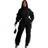 Winter Turtle Neck Cable Knit Sweater And Tasseled Pants Set