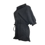 Solid Color Black Convertible Collar Ruffled Short Romper