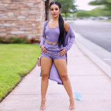 Casual Solid Purple Ribbed Crop Vest Top Short And Cardigan 3 Pieces Set