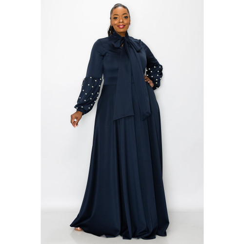 Plus Size Solid Beaded Tie Neck Ruffle Sleeve Formal Maxi Dress With Pocket