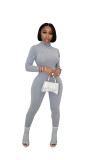 Solid Turtleneck Long Sleeve Bodycon Bodysuit Sports Elasticity Two Piece Pant Set