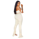 Solid Color Crop Top and Pleated Split Micro Trousers