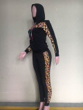 Casual Leopard Stitching Hooded Two Piece Set