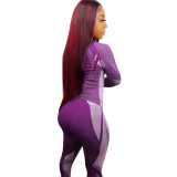 2Pcs Women Outfits Splicing Color Zip-Up Tops + High-Waist Slim Pants