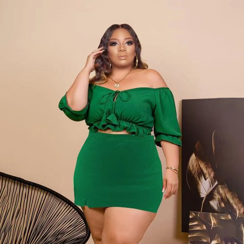 Green Plus Size Sexy Off Shoulder Mini Skirt Two Piece Sets