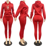 Fleece Long Sleeve Casual Pyrography Hoodie & Drawstring Pants Set with Kangaroo Pocket