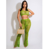 Green Summer Knit Rib Cut Out Beach Wear Cover Sexy Fishnet See Through Tank Crop Top + Pants