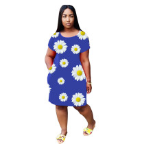 Casual Chrysanthemum Pattern Mini Dress