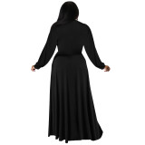 Black Plus Size Loose Long Sleeve Swing Skirt Set