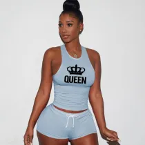 Casual Light Blue Queen Print Sleeveless Sports Vest and Shorts Set