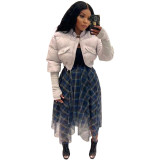 Fashion Women's Stitching Ribbed Casual Stand Collar Crop Padded Jacket