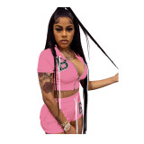 Pink Casual Zip Cardigan Letter Embroidered Hooded Cropped Top Two Piece Set