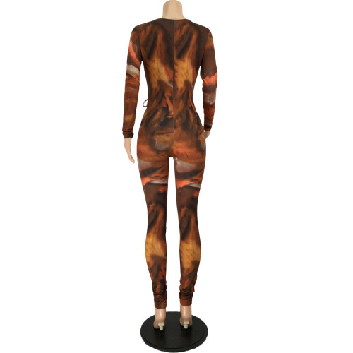Sexy Hollow Out Lace-up Tie-dye Printed Jumpsuit
