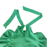 Women Bow Back Stand Neck Puff Long Sleeve Blouses Tops