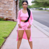 Casual Solid Pink Ribbed Crop Vest Top Short And Cardigan 3 Pieces Set
