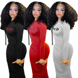 Solid Color Hooded Pleated Long Dress