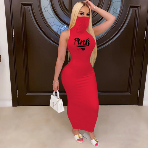 Casual Red Printed Sleeveless Mask Dress Bodycon Nightclub Maxi Boho Dress