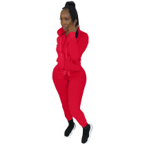 Solid Color Twill Zipper Tracksuit Hoodie Pant Set For Women