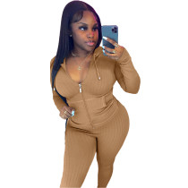 Solid Color Khaki Pit Zipper Cardigan Hoodie Blouse Trousers Set For Winter Women Solid Color Khaki Pit Zipper Cardigan Hoodie Blouse Trousers Set For Winter Women