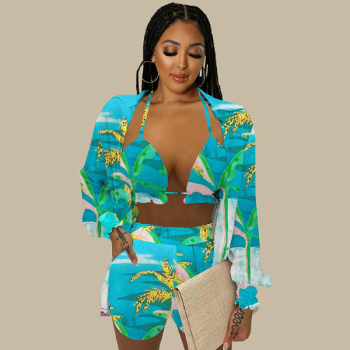 Women Three Piece Set Printed Bra Shorts with Long Sleeve Cardigan