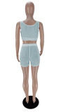 Sexy Solid Split Joint Mesh See Through U Neck Sleeveless Crop Vest Two Pieces