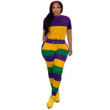 Casual Sweat-absorbing Striped Printed Round Neck Short Sleeve Trouser Set