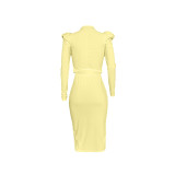Yellow Pleated Nine Points Sleeve Round Neck Princess Sleeve Dress