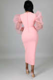 Fashion Mesh Puff Sleeve Elegant Slim Mid Dress