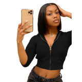 Casual Hooded Sports Crop Sweatsuit Top with 2 Pockets