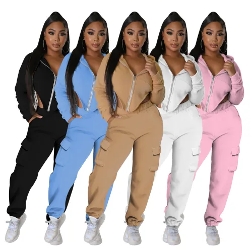 Autumn Winter Women's Irregular Solid Color Pocketed Zipper Hoodie Sweatshirt Pants Set