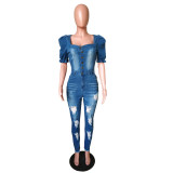 Casual Puff Sleeve Denim Jet White Ripped Jumpsuit