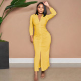 Solid Color V Neck Ruched Maxi Dress