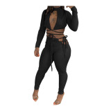 Fashion Women's Long Sleeves Open Front Bandage Crop Top Outfits Club 2pcs