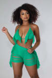 Green Summer Beachwear Thread Ripped Crochet Knitted Tassel Bra Top & Shorts Co-Ord