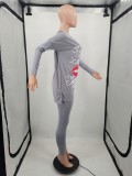 Casual Print Lips Patchwork O Neck Long Sleeve Two Pieces