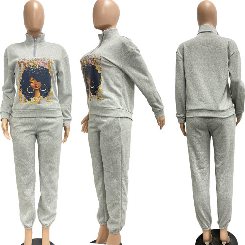 Autumn/Winter Printed Pattern Fleece Pullover Zipper High Neck Casual Sports 2 Pieces