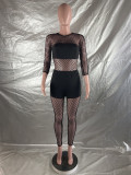 Sexy See Through Long Sleeve Stitching Mesh Rompers and Trousers