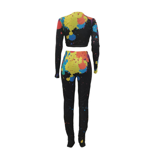 Women Colorful Ink-splash Print Crop Top Two Piece Outfits