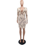 Champagne Elegant Casual Print Sexy Cutout Long Sleeve V-Neck Bodycon Dress